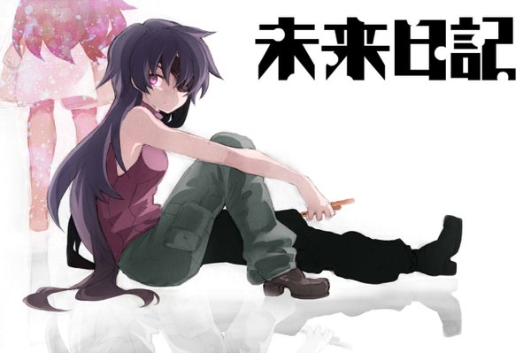 Anime picture 1300x866 with mirai nikki uryuu minene single long hair looking at viewer black hair sitting bare shoulders pink eyes sleeveless hieroglyph reflection time paradox girl boots eyepatch phone