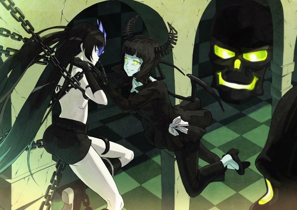 Anime picture 3507x2480 with black rock shooter black rock shooter (character) dead master kkamja long hair highres blue eyes black hair smile twintails multiple girls green eyes absurdres horn (horns) glowing glowing eye (eyes) girl gloves 2 girls wings