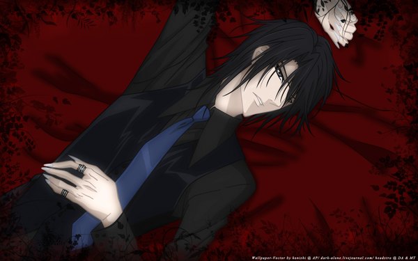 Anime picture 1440x900 with uragiri wa boku no namae wo shitteiru j.c. staff crosszeria luka headstro short hair black hair wide image lying grey hair vector boy shirt necktie ring vest black shirt