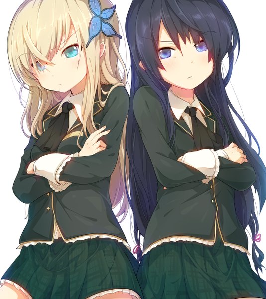 Anime picture 1113x1250 with boku wa tomodachi ga sukunai kashiwazaki sena mikazuki yozora ogipote tall image blue eyes black hair blonde hair purple eyes multiple girls crossed arms girl uniform hair ornament 2 girls school uniform butterfly hair ornament