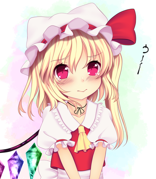 Anime picture 1045x1200 with touhou flandre scarlet kiyomin single long hair tall image blush simple background blonde hair pink eyes loli flat chest girl wings headdress