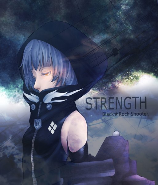 Anime picture 1689x1973 with black rock shooter strength (black rock shooter) single tall image highres short hair bare shoulders looking away white hair inscription orange eyes sad mechanical parts girl gloves hood