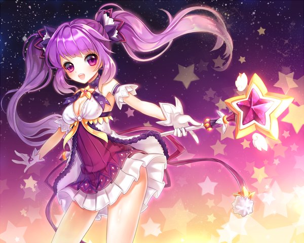 Anime picture 1100x880 with elsword aisha landar haruya (lajoon) single long hair looking at viewer blush open mouth purple eyes twintails purple hair girl dress gloves white gloves star (symbol)