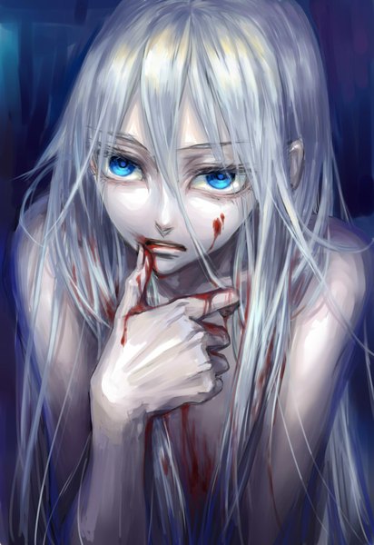 Anime picture 812x1181 with original zhen hun qu single long hair tall image blue eyes silver hair finger to mouth girl blood