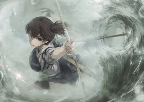 Anime picture 1200x849 with kantai collection kaga aircraft carrier lif (lif-ppp) single long hair fringe brown hair brown eyes looking away ponytail traditional clothes japanese clothes side ponytail fighting stance serious glow girl uniform weapon water