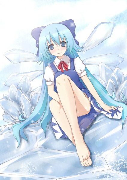 Anime picture 1542x2181 with touhou cirno natsume riu long hair tall image blue eyes sitting blue hair girl dress bow hair bow wings crystal