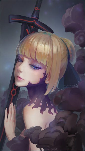 Anime picture 800x1414 with fate (series) fate/stay night type-moon artoria pendragon (all) saber alter yuli (pixiv85003) single long hair tall image fringe blonde hair bare shoulders close-up eyeshadow girl flower (flowers) weapon sword dark excalibur