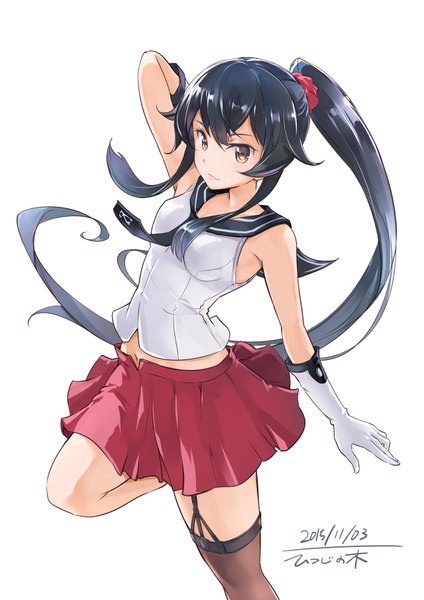 Anime picture 640x905 with kantai collection yahagi light cruiser mousoup single long hair tall image fringe black hair simple background standing white background brown eyes signed payot bent knee (knees) ponytail sleeveless dated standing on one leg arm behind head