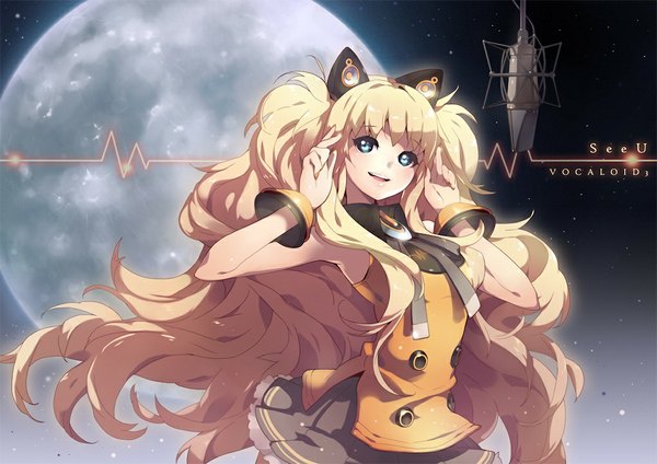 Anime picture 1024x724 with vocaloid seeu btoor single long hair blue eyes blonde hair girl moon microphone