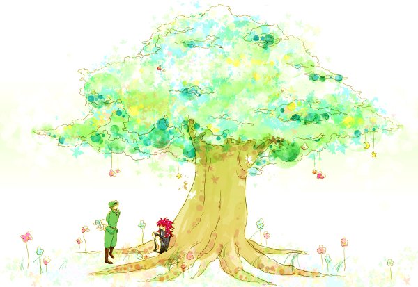 Anime picture 1200x826 with happy tree friends flippy flaky tatsunokotarou (artist) long hair short hair sitting pink hair barefoot green hair military personification girl dress boy uniform hair ornament flower (flowers) plant (plants) tree (trees)