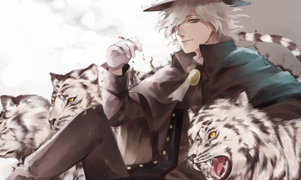Anime picture 2400x1440 with fate (series) fate/grand order edmond dantes (fate/grand order) ichinose rei single fringe highres short hair wide image sitting yellow eyes grey hair hair over one eye smoke boy gloves hat animal white gloves cigarette