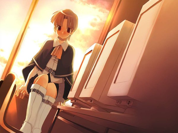 Anime picture 1024x768 with sky evening sunset boots belt cape monitor