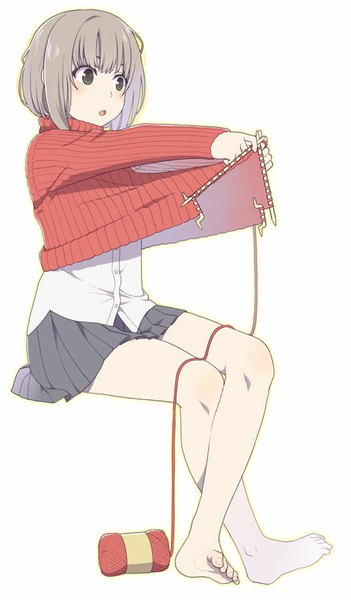 Anime picture 527x900 with original mattaku mousuke single tall image fringe short hair open mouth simple background white background looking away barefoot grey hair black eyes knitting girl uniform school uniform sweater thread red thread