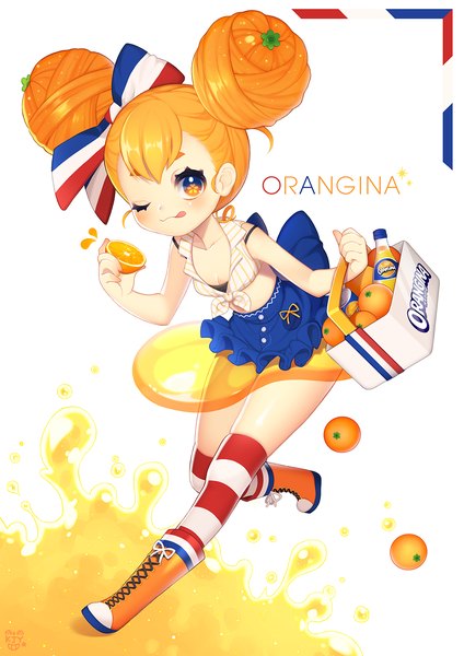 Anime picture 1000x1415 with original orangina byulzzimon single long hair tall image looking at viewer blush smile bare shoulders signed one eye closed wink orange hair hair bun (hair buns) orange eyes lacing flag print girl thighhighs
