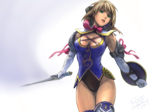 Anime picture 1600x1200 with soulcalibur cassandra alexandra long hair light erotic simple background brown hair green eyes wallpaper girl gloves ribbon (ribbons) weapon sword necktie elbow gloves armor shield