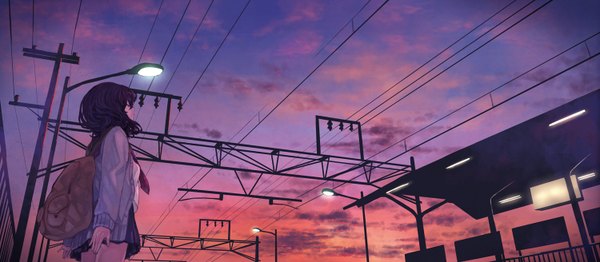 Anime picture 1500x656 with original kaoming single short hair black hair wide image sky cloud (clouds) eyes closed evening sunset girl skirt uniform serafuku wire (wires)