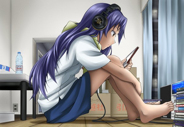Anime picture 1300x900 with idolmaster kisaragi chihaya single long hair fringe sitting brown eyes purple hair profile barefoot bare legs girl headphones disk
