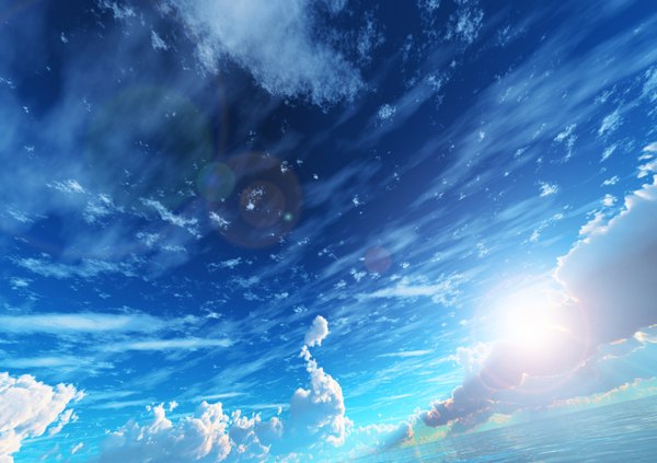 Anime picture 1600x1130 with original y-k sky cloud (clouds) sunlight light no people landscape water sea