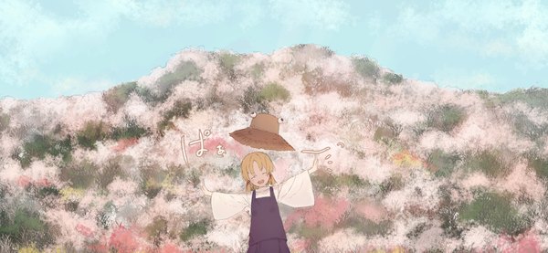 Anime picture 1074x496 with touhou moriya suwako yushika single short hair open mouth blonde hair wide image sky eyes closed text spread arms mountain hat removed spring girl hat
