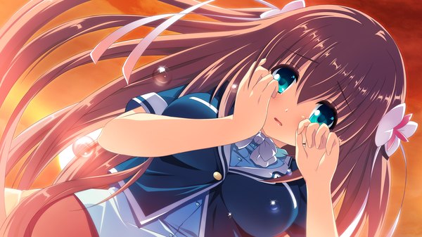 Anime picture 2560x1440 with cocoro@function! hasugase mina long hair looking at viewer highres blue eyes brown hair wide image game cg tears girl dress bow hair bow