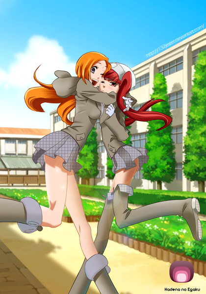 Anime picture 1024x1461 with bleach studio pierrot inoue orihime dokugamine riruka 132jester long hair tall image blush open mouth smile red eyes purple eyes twintails sky cloud (clouds) red hair one eye closed wink orange hair hug