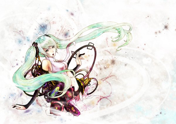 Anime picture 1200x848 with vocaloid hatsune miku aloeloa single long hair open mouth twintails bare shoulders green eyes green hair singing girl gloves necktie elbow gloves fingerless gloves