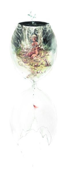 Anime picture 2111x5477 with original siro yakitori tall image highres short hair simple background blonde hair white background sitting horn (horns) skull and crossbones girl navel flower (flowers) plant (plants) tree (trees) bracelet pendant forest wine glass