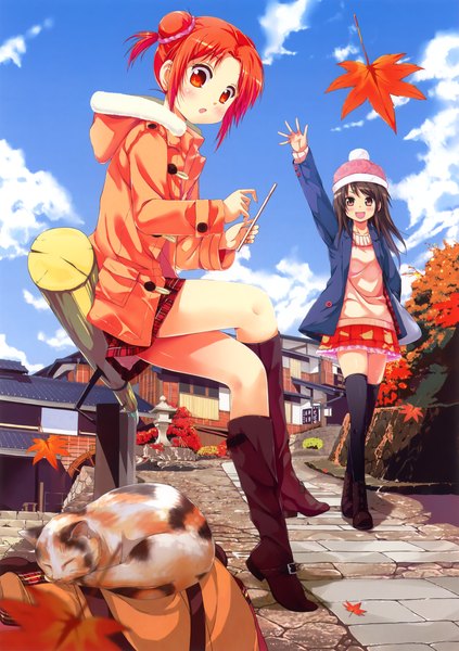 Anime picture 3241x4598 with original eshi 100-nin ten porurin long hair tall image blush highres short hair open mouth red eyes brown hair sitting multiple girls brown eyes absurdres sky red hair open clothes open jacket crossed legs