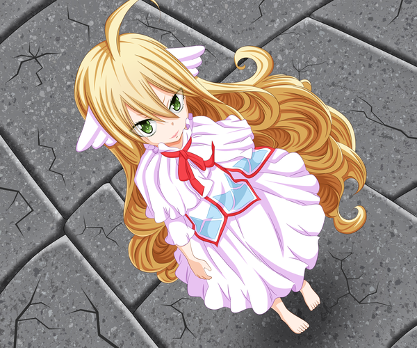 Anime picture 5400x4500 with fairy tail mavis vermillion osama00 single highres blonde hair smile green eyes absurdres ahoge very long hair barefoot from above lips loli coloring head wings girl dress wings