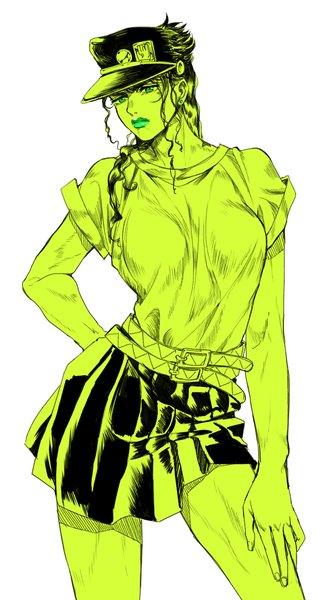 Anime picture 547x1000 with jojo no kimyou na bouken kujo jotaro halu-ca single long hair tall image looking at viewer simple background white background green eyes pleated skirt hand on hip lipstick monochrome genderswap partially colored green lipstick girl skirt belt