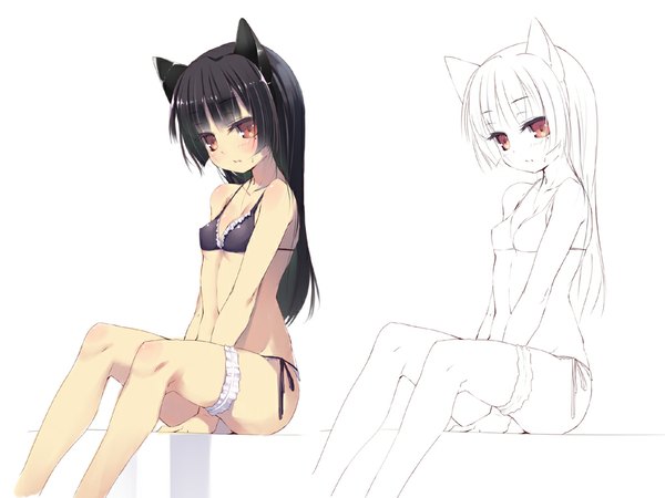 Anime picture 1024x768 with original nekomu long hair looking at viewer blush light erotic black hair simple background white background sitting bare shoulders animal ears very long hair pink eyes cat ears dual persona girl navel bow