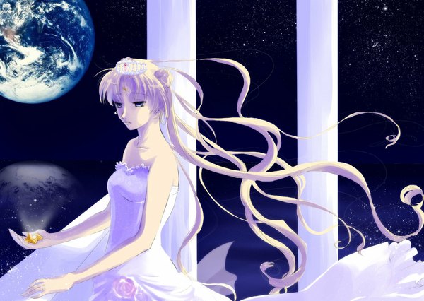 Anime picture 1060x754 with bishoujo senshi sailor moon toei animation tsukino usagi princess serenity ryoko-san18 (artist) single blue eyes blonde hair twintails bare shoulders wind sleeveless crescent space girl dress white dress rose (roses) star (stars) crown