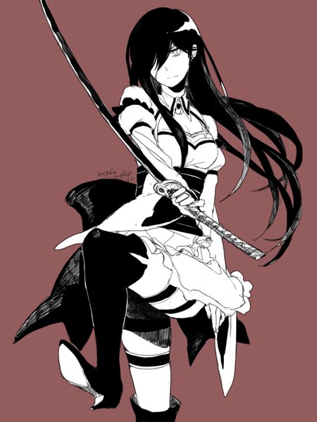 Anime picture 1200x1600 with original d.s single long hair tall image fringe breasts black hair simple background holding fingernails hair over one eye inscription pale skin white eyes girl dress weapon sword boots