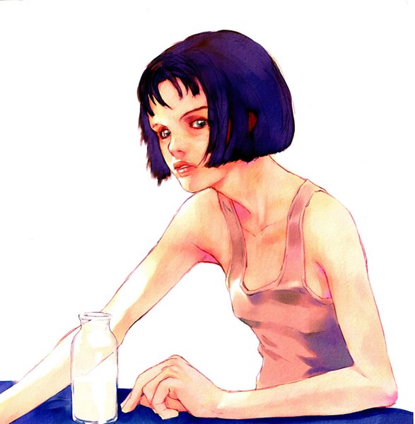Anime picture 1400x1431 with okazaki takeshi single tall image looking at viewer short hair simple background white background sitting blue hair black eyes sleeveless girl bottle