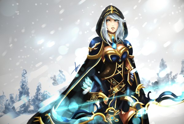 Anime picture 3000x2030 with league of legends ashe (league of legends) hannah515 single blush highres short hair open mouth blue eyes looking away sky silver hair wind grey hair snowing winter snow archery girl gloves