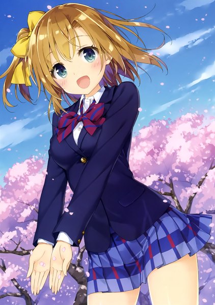 Anime picture 1665x2365 with love live! school idol project sunrise (studio) love live! kousaka honoka kani biimu single tall image blush fringe short hair open mouth brown hair standing sky cloud (clouds) :d aqua eyes scan one side up cherry blossoms