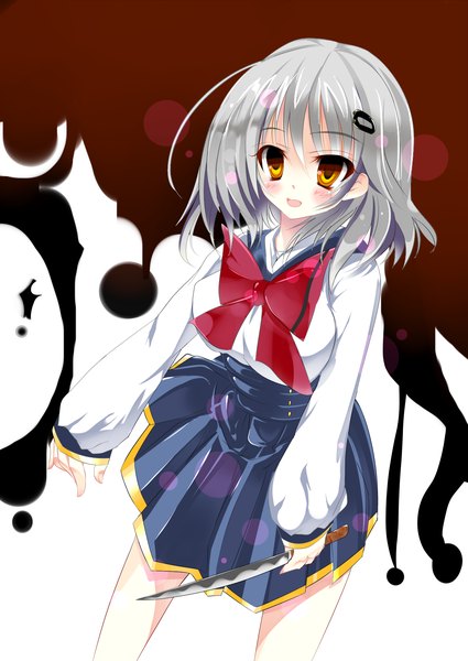 Anime picture 1200x1693 with original kown (artist) single tall image blush short hair open mouth yellow eyes grey hair girl dress hair ornament hairclip knife