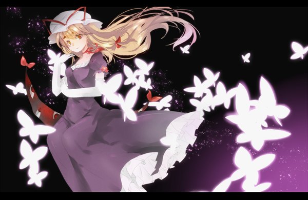 Anime picture 1700x1105 with touhou yakumo yukari yoru suzu (artist) long hair highres blonde hair orange eyes girl dress gloves elbow gloves headdress insect butterfly