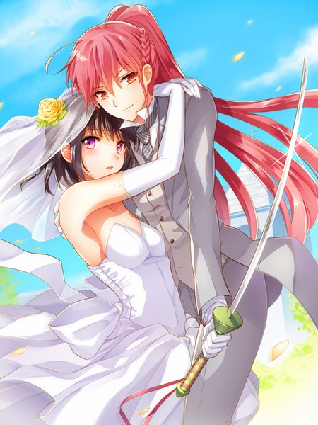 Anime picture 750x1000 with original milcho long hair tall image blush short hair black hair red eyes purple eyes multiple girls pink hair hug wedding girl dress gloves weapon 2 girls sword elbow gloves