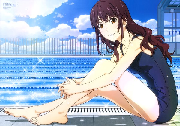 Anime picture 8608x6082 with uchiage hanabi shita kara miru ka? yoko kara miru ka? oikawa nazuna single long hair looking at viewer highres smile brown hair brown eyes absurdres sky cloud (clouds) official art sparkle wet girl swimsuit one-piece swimsuit school swimsuit pool