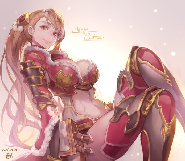 Anime picture 1800x1569 with granblue fantasy beatrix (granblue fantasy) kakage single long hair looking at viewer fringe highres breasts light erotic smile brown hair large breasts sitting twintails brown eyes signed bent knee (knees) head tilt inscription
