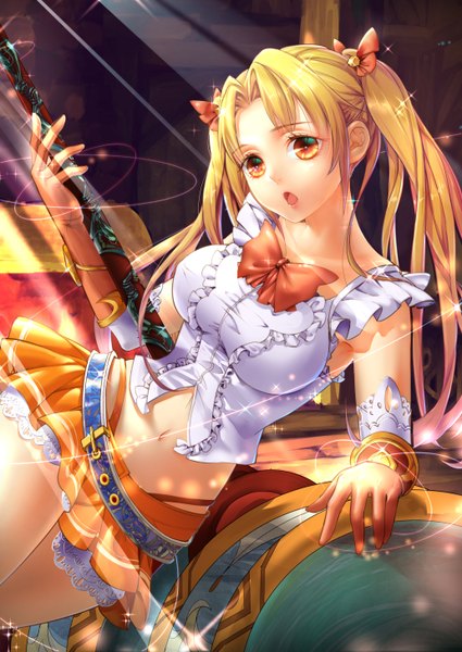 Anime picture 1032x1457 with original soucl single long hair tall image looking at viewer open mouth light erotic blonde hair twintails orange eyes girl skirt gloves navel bow hair bow miniskirt frills bowtie