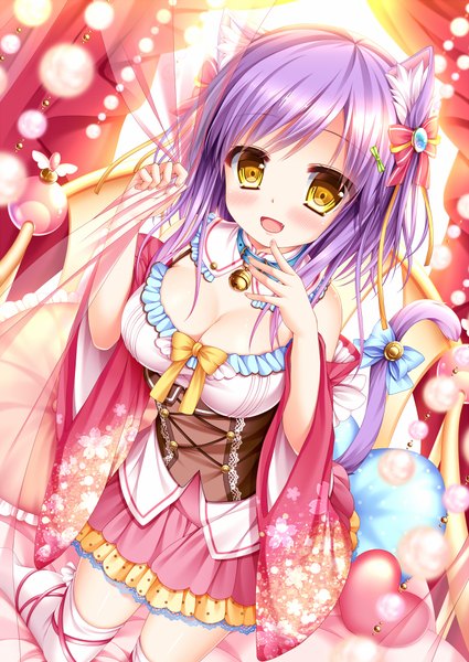 Anime picture 700x989 with original shitou single tall image looking at viewer blush short hair open mouth animal ears yellow eyes cleavage purple hair tail animal tail cat ears cat girl cat tail girl thighhighs dress