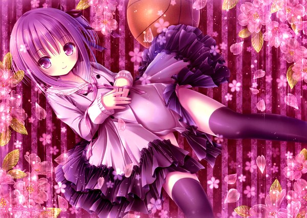 Anime picture 4889x3479 with ro-kyu-bu! project no.9 minato tomoka tinker bell single looking at viewer blush highres short hair light erotic smile purple eyes absurdres purple hair scan loli one side up girl thighhighs dress