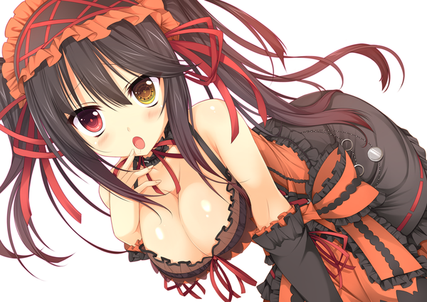 Anime picture 3035x2149 with date a live tokisaki kurumi nanahosi seiiki (artist) long hair blush highres breasts open mouth light erotic black hair simple background large breasts white background twintails absurdres heterochromia girl dress detached sleeves frills