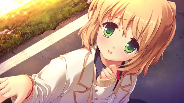 Anime picture 1280x720 with melty moment amane natsuki looking at viewer blush short hair open mouth blonde hair wide image green eyes game cg girl uniform school uniform
