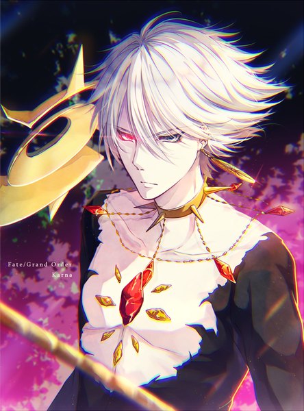 Anime picture 690x931 with fate (series) fate/grand order karna (fate) mokoppe single tall image fringe short hair hair between eyes upper body white hair copyright name character names heterochromia glowing glowing eye (eyes) boy gem single earring spikes