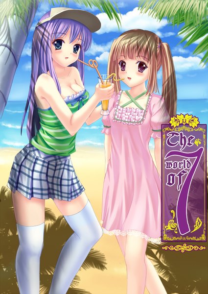 Anime picture 1000x1411 with original yurina (artist) long hair tall image blush blue eyes blonde hair purple eyes twintails multiple girls purple hair beach girl thighhighs skirt 2 girls miniskirt white thighhighs sundress flat cap