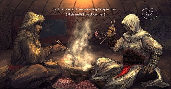 Anime picture 1143x600 with assassin's creed (game) tagme (character) altair ibn la-ahad sunsetagain wide image sitting inscription smoke destruction old man boy hat food hood fire beard mustache pot