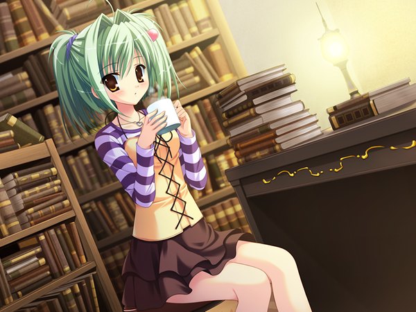 Anime picture 1200x900 with prismrhythm (game) berlioz ria single looking at viewer blush short hair sitting yellow eyes game cg green hair girl dress book (books) shelf bookshelf